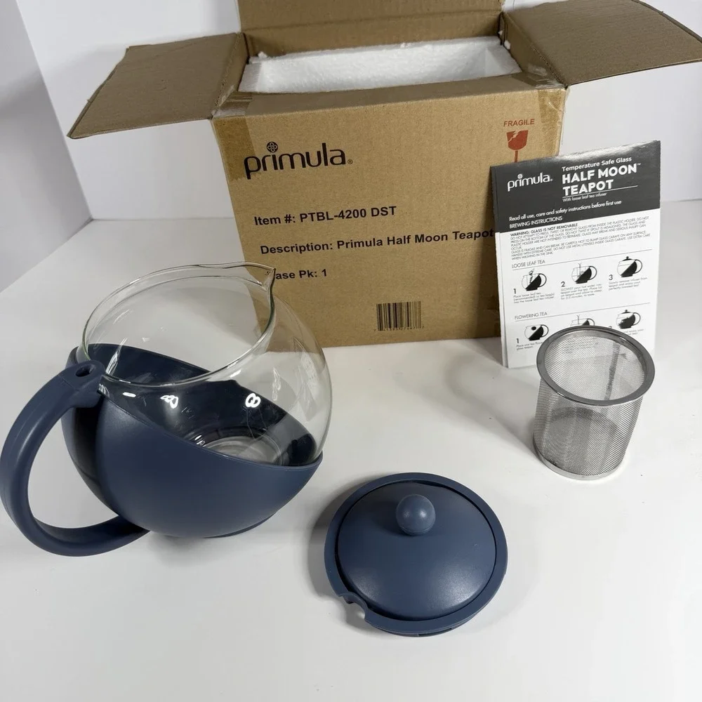 New In Box Primula Glass Tempo Round Loose Tea Infuser Teapot 40 oz Blue/Clear